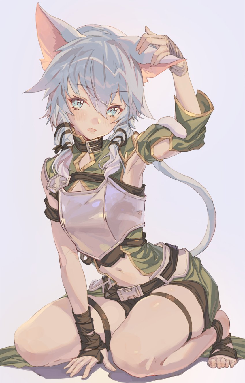 1girl animal_ears armor armpits belt belt_buckle blue_eyes blue_hair blush breastplate buckle cat_ears cat_tail collar cowboy_shot eyebrows_visible_through_hair full_body hair_between_eyes hand_up highres hong looking_at_viewer navel open_mouth simple_background sinon sinon_(sao-alo) sitting stomach tail thighs touching_ears white_background