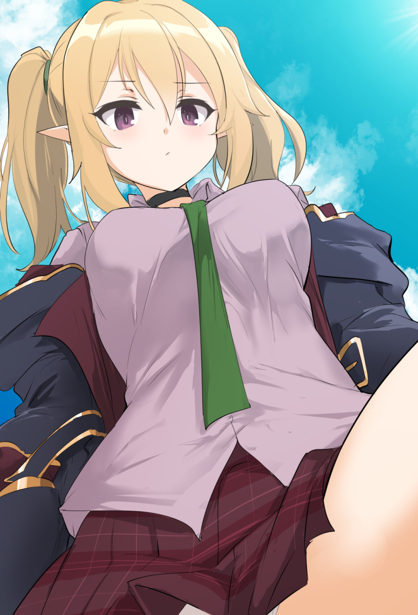 1girl bangs between_breasts blonde_hair breasts chloe_(princess_connect!) choker closed_mouth clouds collared_shirt eyebrows_visible_through_hair green_neckwear hair_between_eyes hair_tie highres long_hair long_sleeves looking_down momio necktie necktie_between_breasts open_clothes outdoors panties pointy_ears princess_connect! princess_connect!_re:dive shiny shiny_hair shirt sky solo tied_hair twintails underwear violet_eyes
