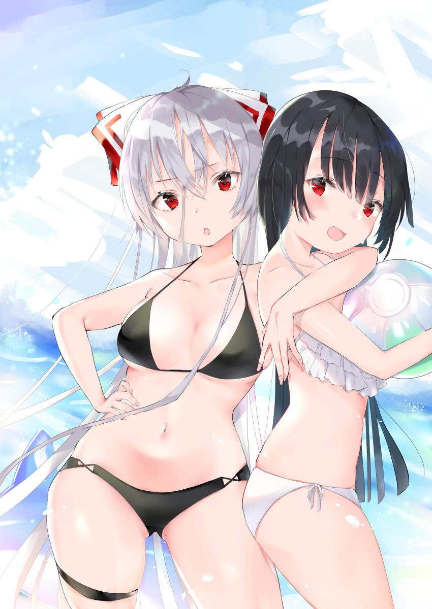 2girls :d :o absurdres ball bangs bare_shoulders beachball bikini black_bikini black_hair blue_sky blush bow breasts clouds collarbone commentary_request day eyebrows_visible_through_hair fingernails frilled_bikini frills fujiwara_no_mokou hair_between_eyes hair_bow halter_top halterneck hand_on_hip highres hiiro60 hime_cut holding holding_ball holding_beachball houraisan_kaguya hug long_hair looking_at_viewer medium_breasts midriff multiple_girls nail_polish navel ocean open_mouth outdoors pink_nails red_eyes side-tie_bikini sidelocks sky smile swimsuit thigh_strap touhou under_boob v-shaped_eyebrows very_long_hair white_bikini white_bow white_hair