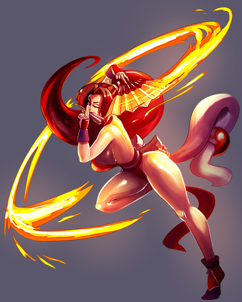 absurdres back breasts brown_eyes brown_hair cosmikaizer fan fatal_fury finger_to_face fire floating_hair highres holding holding_fan long_hair long_ponytail looking_at_viewer ninja one_eye_closed shiranui_mai sideboob the_king_of_fighters thick_thighs thighs