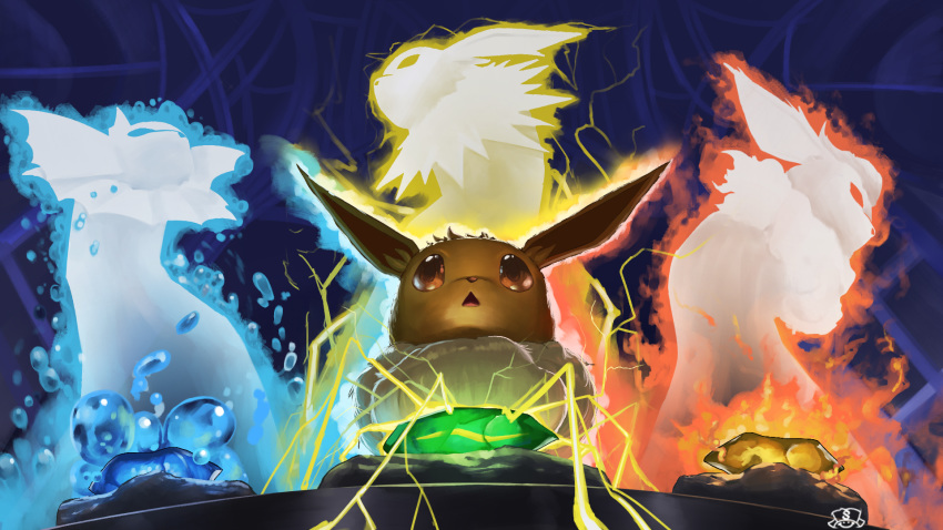 brown_eyes commentary_request eevee electricity fire fire_stone flareon gen_1_pokemon highres jolteon no_humans open_mouth pokemon pokemon_(creature) supearibu thunder_stone tongue vaporeon water water_stone watermark