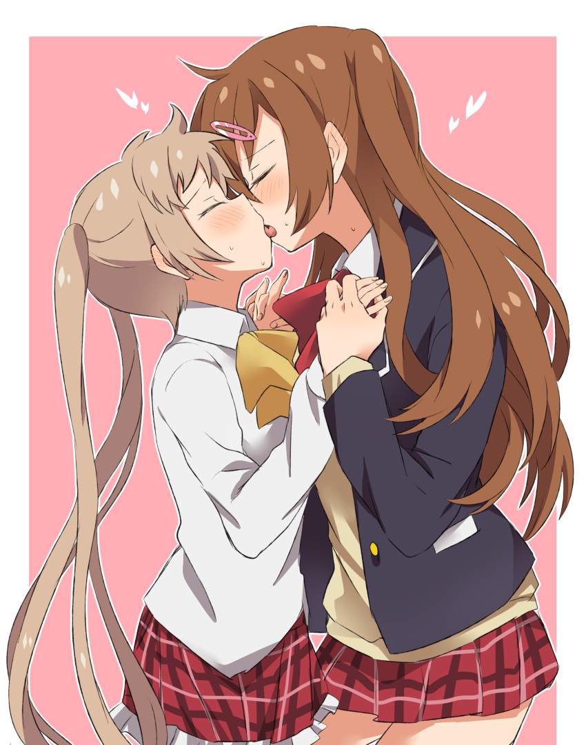 2girls absurdres black_jacket blazer blush brown_hair cardigan chuunibyou_demo_koi_ga_shitai! closed_eyes dekomori_sanae ear_blush french_kiss hair_ornament hairclip heart highres holding_hands jacket kiss long_hair long_sleeves miiii multiple_girls nibutani_shinka pink_background plaid plaid_skirt red_neckwear red_ribbon red_skirt ribbon shirt skirt twintails white_shirt yellow_cardigan yellow_neckwear yellow_ribbon yuri