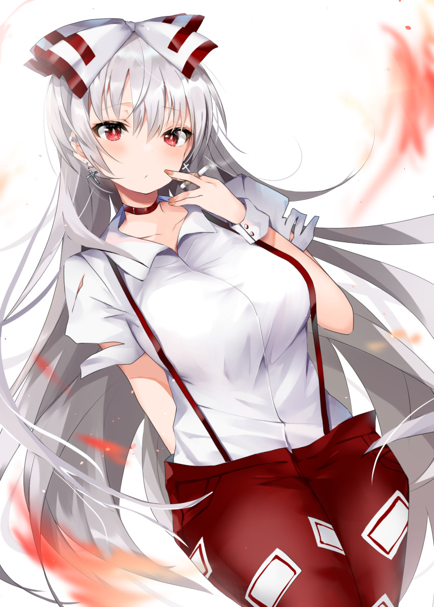 1girl arm_behind_back bangs between_fingers blush bow breasts choker cigarette closed_mouth collarbone commentary_request cowboy_shot cross cross_earrings earrings eyebrows_visible_through_hair fingernails fire fujiwara_no_mokou hair_between_eyes hair_bow hand_up highres hiiro60 holding holding_cigarette jewelry legs_together long_hair looking_at_viewer medium_breasts pants red_choker red_eyes red_pants semi-rimless_eyewear shirt short_sleeves sidelocks silver_hair simple_background smoke smoking solo standing suspenders touhou under-rim_eyewear very_long_hair white_background white_bow white_shirt wrist_cuffs