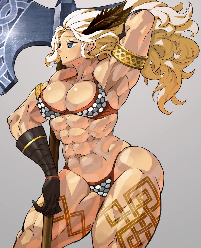 1girl 27_degrees abs amazon amazon_(dragon's_crown) armlet armor armpits axe bikini_armor blonde_hair breasts circlet dragon's_crown feathers gloves hair_feathers highres large_breasts long_hair muscle muscular_female solo swimsuit tattoo thick_thighs thighs weapon