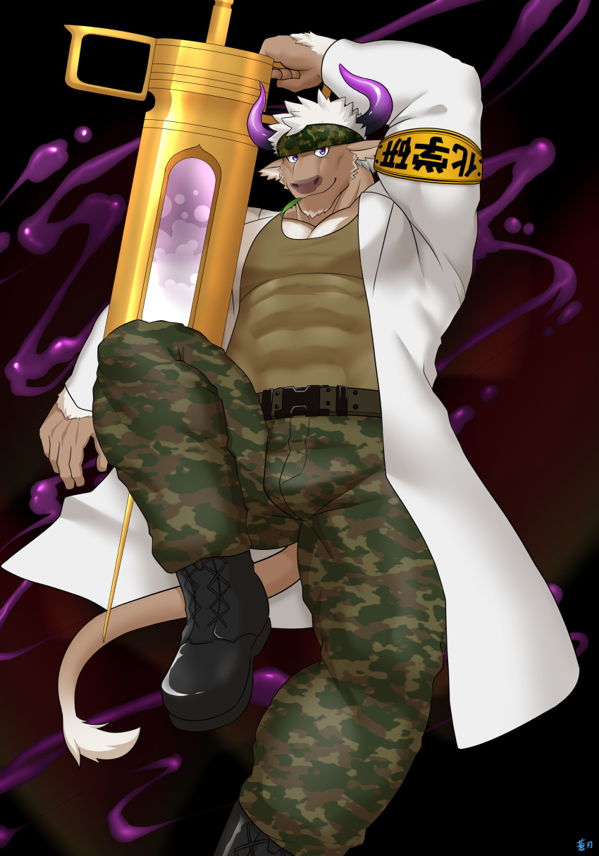 1boy abs absurdres arm_up armband bara beard boots chest chest_hair doctor facial_hair full_body furry highres horns huge_weapon keijimohumohu labcoat male_focus manly muscle oversized_object pants pectorals purple_horns shennong_(tokyo_afterschool_summoners) solo syringe tank_top thick_thighs thighs tight tight_pants tokyo_houkago_summoners violet_eyes weapon white_hair
