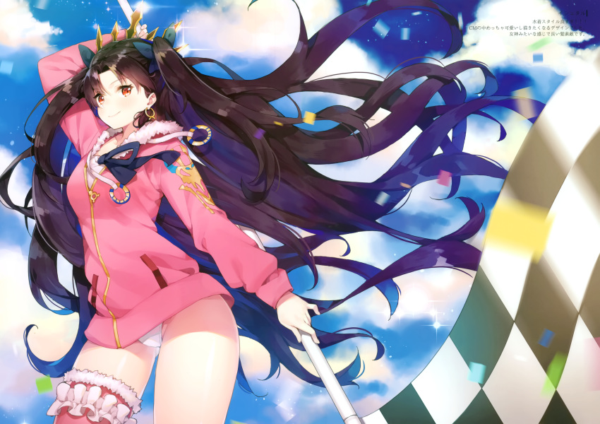 1girl absurdres arm_up ayamy bangs black_hair blue_sky blurry blush bow checkered checkered_flag closed_mouth clouds cloudy_sky confetti contrapposto cowboy_shot crown day depth_of_field earrings eyebrows_visible_through_hair fate/grand_order fate_(series) flag floating_hair fur-trimmed_hood fur-trimmed_legwear fur_trim hair_bow highleg highleg_swimsuit highres holding holding_flag hood hoodie hoop_earrings huge_filesize ishtar_(fate)_(all) ishtar_(swimsuit_rider)_(fate) jewelry lens_flare long_hair looking_at_viewer motion_blur one-piece_swimsuit outdoors pink_legwear red_eyes scan single_thighhigh sky smile solo sparkle standing swimsuit swimsuit_under_clothes thigh-highs thighs two_side_up very_long_hair white_swimsuit