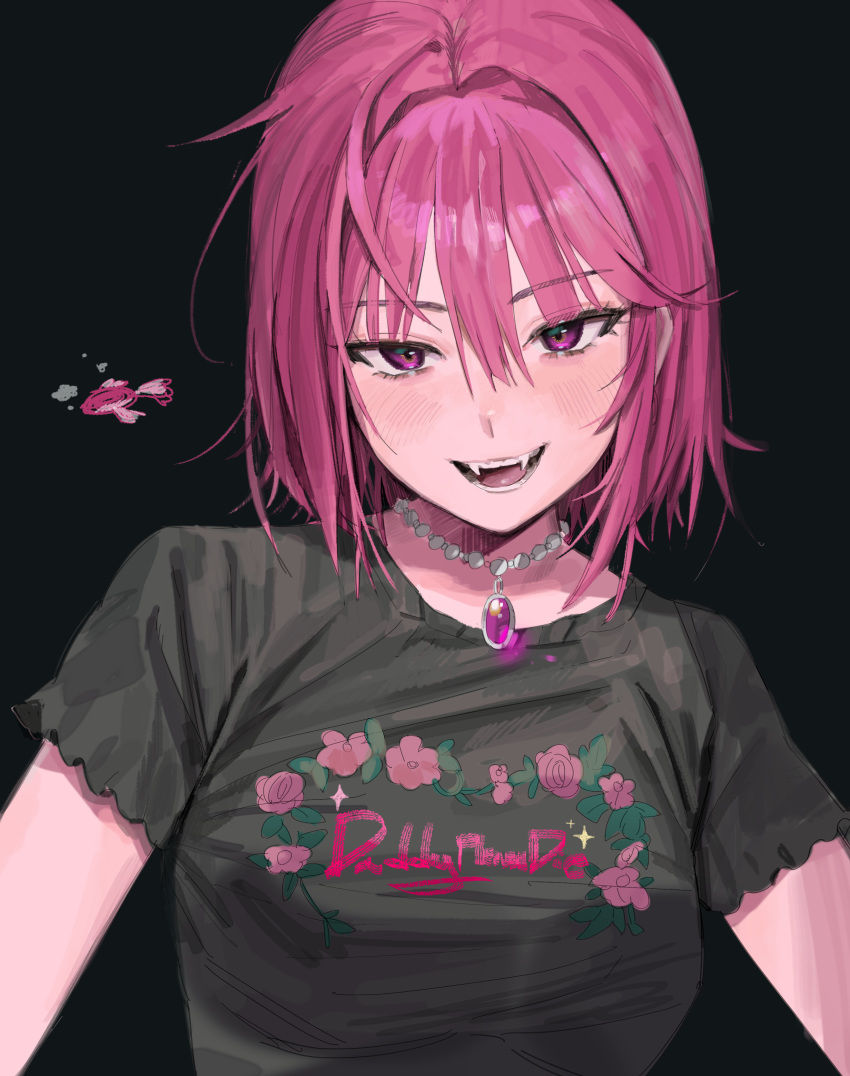 1girl :d absurdres bead_necklace beads black_background black_shirt breasts clothes_writing fangs fish freng highres jewelry looking_at_viewer necklace open_mouth original purple_hair shirt short_hair short_sleeves simple_background smile solo upper_body violet_eyes