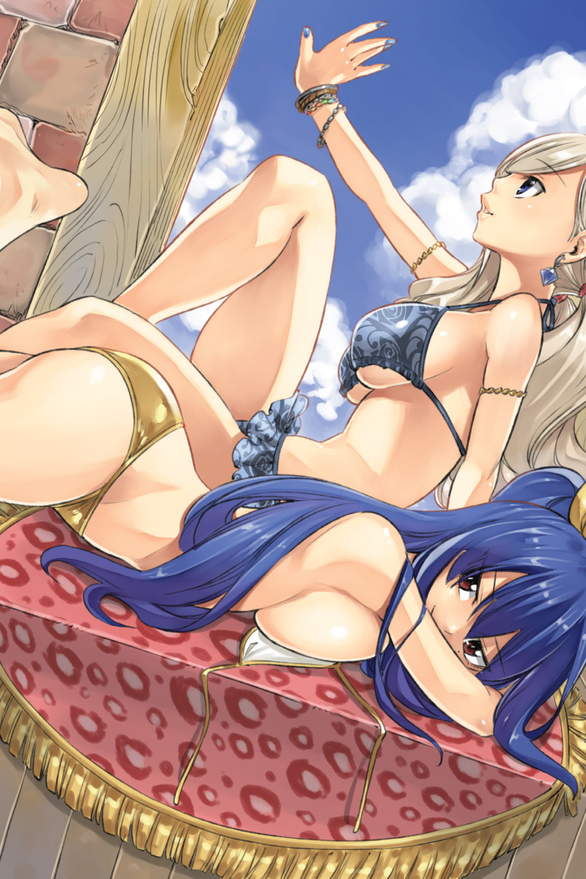 2girls absurdres arm_up armlet bangs barefoot bikini bikini_skirt blue_bikini blue_eyes blue_nails blue_sky bracelet breasts closed_mouth clouds day earrings eden's_zero eyebrows_visible_through_hair from_side hair_between_eyes highres homura_kogetsu jewelry large_breasts long_hair looking_at_viewer lying mashima_hiro multiple_girls nail_polish official_art on_stomach outdoors parted_lips print_bikini rebecca_(eden's_zero) red_eyes sideboob silver_hair sky smile swimsuit untied untied_bikini very_long_hair yellow_bikini