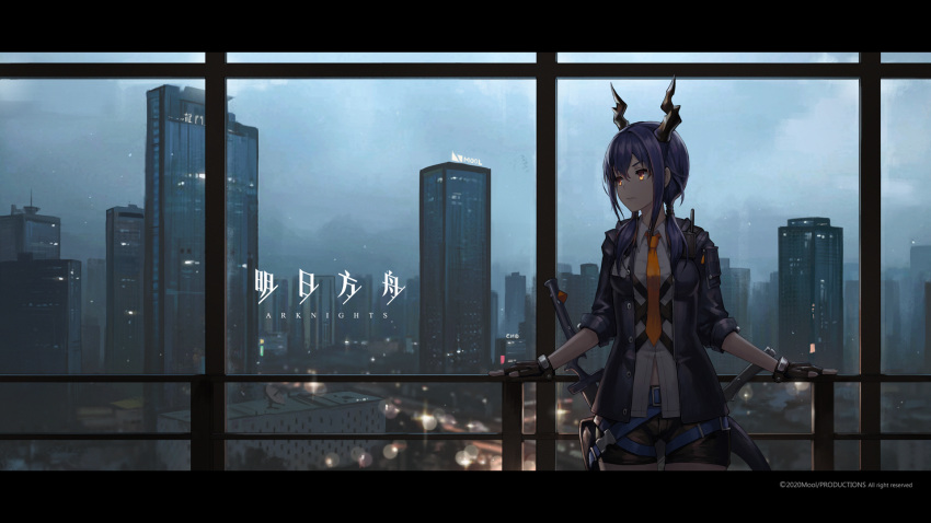 1girl antenna_mast arknights background_text bangs black_jacket breasts brown_shorts building ch'en_(arknights) city_lights cityscape clouds cloudy_sky commentary_request copyright_name cowboy_shot dragon_horns dragon_tail expressionless fingerless_gloves gloves hair_between_eyes highres highway hood hood_down hooded_jacket horns indoors jacket lamppost leaning leaning_back leaning_on_object letterboxed long_hair looking_away looking_to_the_side low_twintails lying medium_breasts midriff midriff_peek mool_yueguang multiple_swords necktie on_back orange_eyes orange_neckwear purple_hair railing red_eyes shirt short_shorts short_sleeves shorts sidelocks sky skyscraper solo tail twintails unbuttoned walkie-talkie weapon weapon_on_back white_shirt window