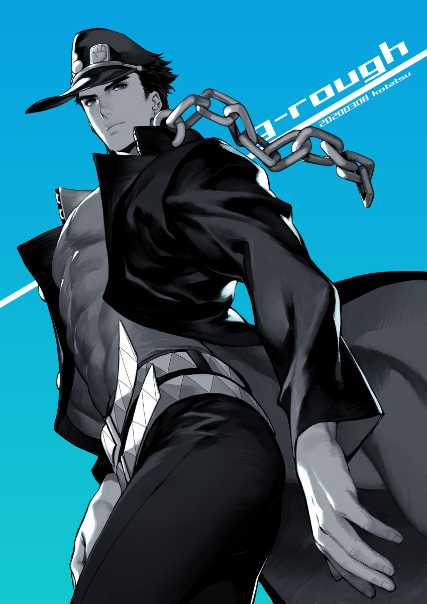 1boy absurdres artist_name belt blue_background chain closed_mouth coat contrapposto cowboy_shot dated greyscale hat hat_pin highres jojo_no_kimyou_na_bouken kotatsu_(g-rough) kuujou_joutarou looking_at_viewer male_focus monochrome multiple_belts open_clothes open_coat peaked_cap shirt simple_background solo standing stardust_crusaders