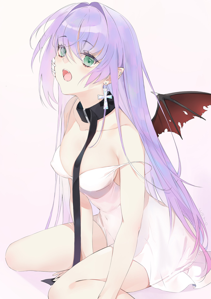 1girl :o arm_between_legs arm_support artist_name bandages bandaid bandaid_on_cheek bandaid_on_face bangs bare_arms bare_legs bare_shoulders between_breasts blush breasts breasts_apart camisole chemise collarbone commentary covered_navel cross cross_earrings crossed_bangs dragon_wings ear_piercing earrings eyebrows_visible_through_hair eyelashes fangs green_eyes groin hair_between_eyes hair_intakes highres jewelry leaning_forward leash long_hair looking_at_viewer medium_breasts open_mouth original piercing pointy_ears purple_background purple_hair shiny shiny_hair sideboob sidelocks simple_background sitting sleeveless solo spaghetti_strap strap_slip wariza white_camisole wings yumaomi