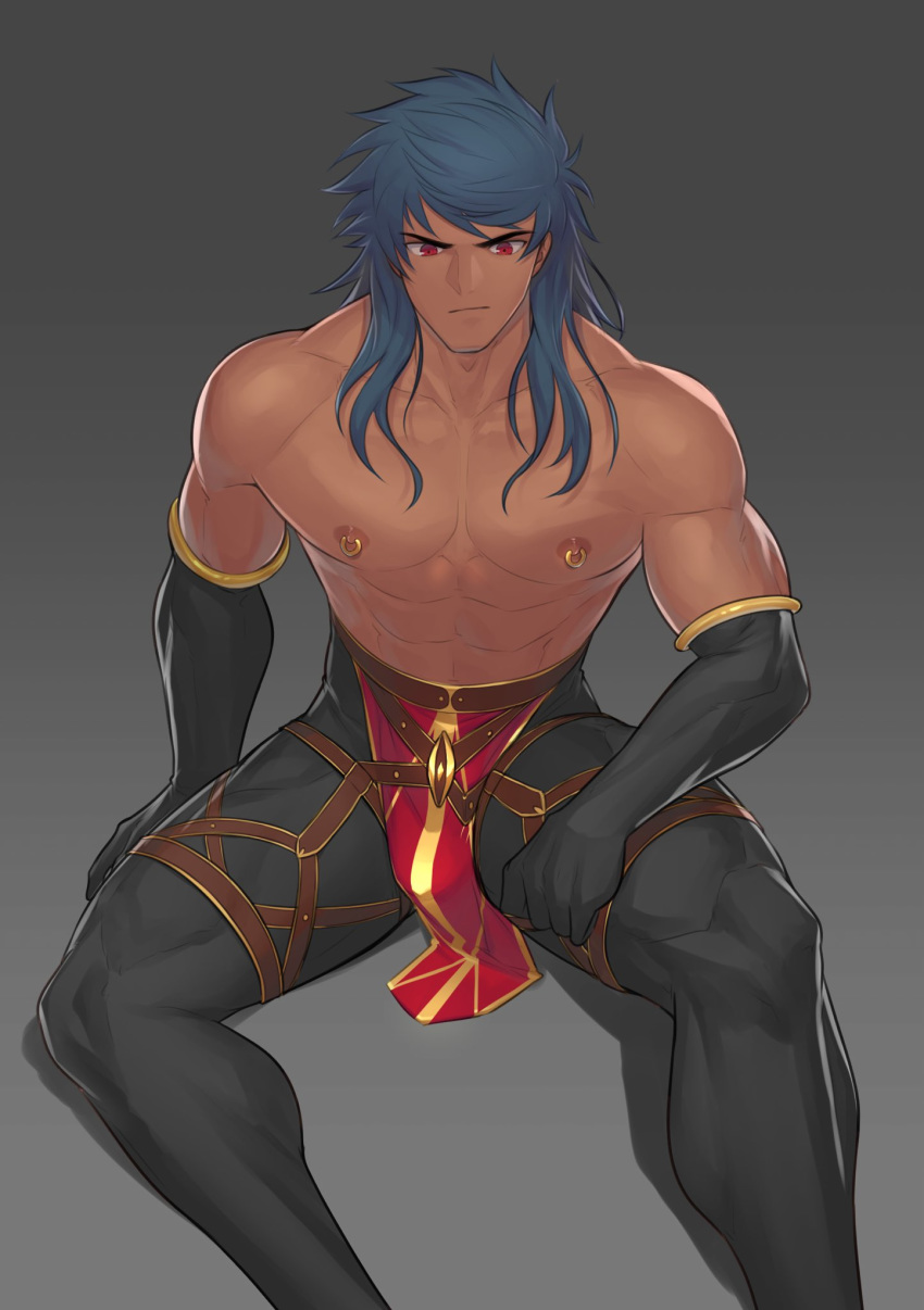 1other abs bangs bare_shoulders bulge chest dark_blue_hair dark_skin detached_sleeves earrings fate/grand_order fate_(series) gradient gradient_background highres hunterkay jewelry long_hair looking_at_viewer muscle nipple_piercing pants pectorals piercing red_eyes roman_clothes romulus_(fate/grand_order) romulus_quirinus_(fate/grand_order) shirtless solo tight tight_pants toned