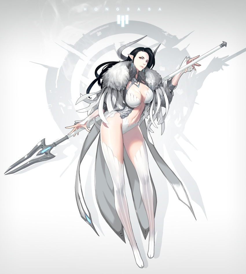 1girl absurdres black_hair boots breasts elf full_body fur_collar highres hong_soon-jae large_breasts leaning_forward lips long_hair looking_at_viewer navel original pale_skin pointy_ears polearm puffy_sleeves spear thigh-highs thigh_boots weapon