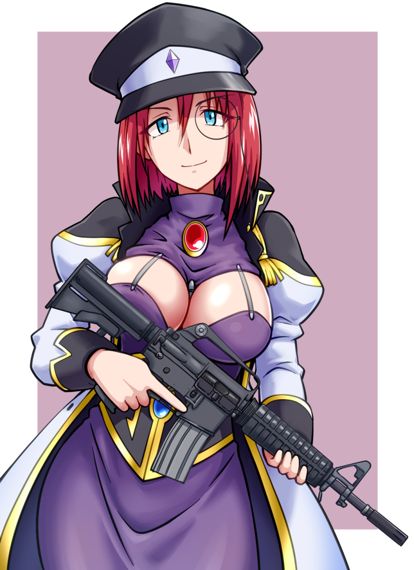 1girl assault_rifle bangs black-framed_eyewear black_headwear blue_eyes breast_cutout breasts brooch car-15 closed_mouth coat commentary dress forte_stollen galaxy_angel goriate gun hat highres holding holding_gun holding_weapon jewelry juliet_sleeves large_breasts long_dress long_sleeves looking_at_viewer monocle outside_border peaked_cap puffy_sleeves purple_background purple_dress redhead rifle round_eyewear short_hair smile solo standing trigger_discipline weapon white_coat