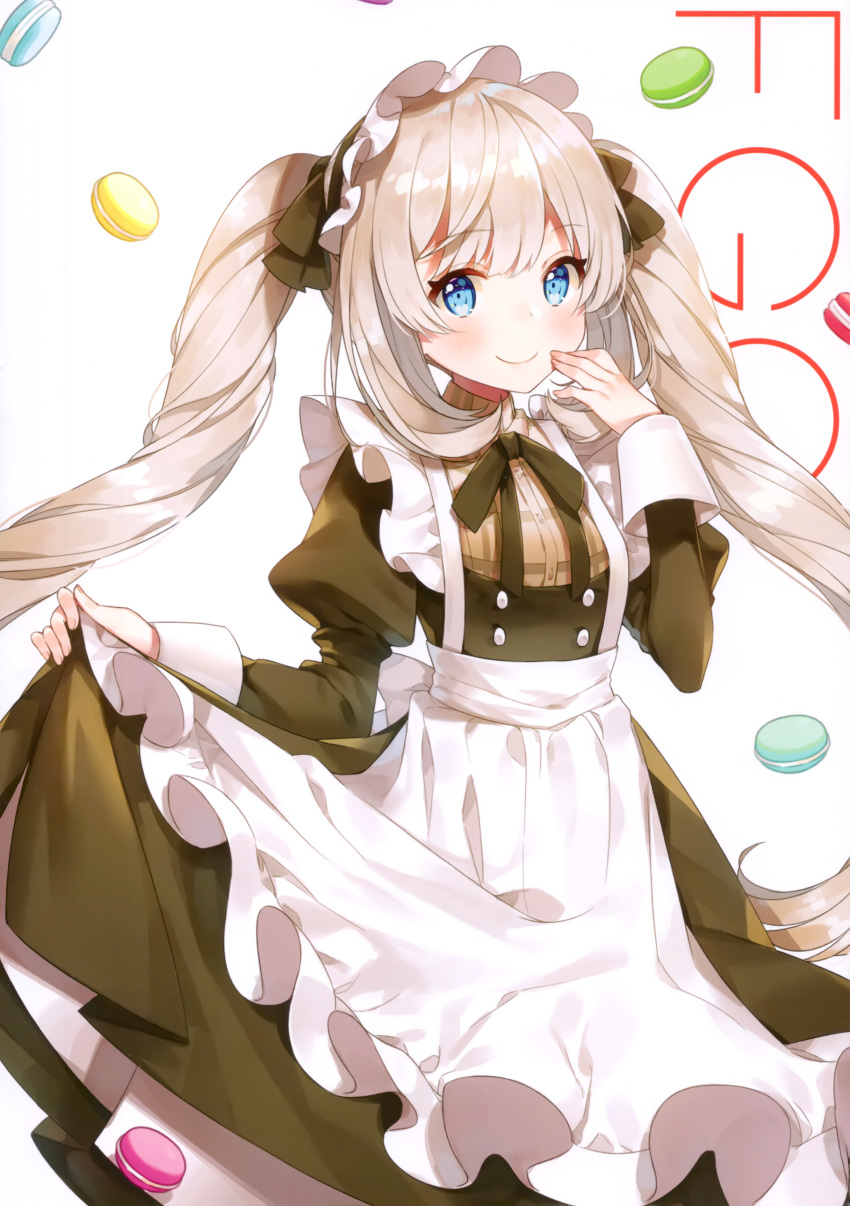 1girl absurdres apron ayamy bangs black_dress blue_eyes blush brown_shirt closed_mouth cookie dress dress_lift eyebrows_visible_through_hair fate/grand_order fate_(series) food frilled_apron frills hand_up highres juliet_sleeves long_hair long_sleeves looking_at_viewer macaron maid maid_apron maid_headdress marie_antoinette_(fate/grand_order) pink_background plaid plaid_shirt puffy_sleeves ribbon scan shirt sidelocks signature silver_hair simple_background smile solo sweets tareme twintails very_long_hair wrist_cuffs