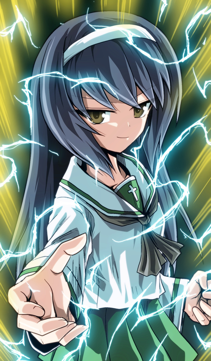 1girl absurdres aura bangs black_hair black_neckwear blouse brown_eyes closed_mouth commentary dragon_ball dragon_ball_z electricity fighting_stance foreshortening girls_und_panzer green_skirt hairband highres kamishima_kanon long_hair long_sleeves looking_at_viewer miniskirt neckerchief ooarai_school_uniform pleated_skirt reizei_mako sailor_collar school_uniform serafuku skirt smirk solo standing super_saiyan super_saiyan_2 white_blouse white_hairband white_sailor_collar