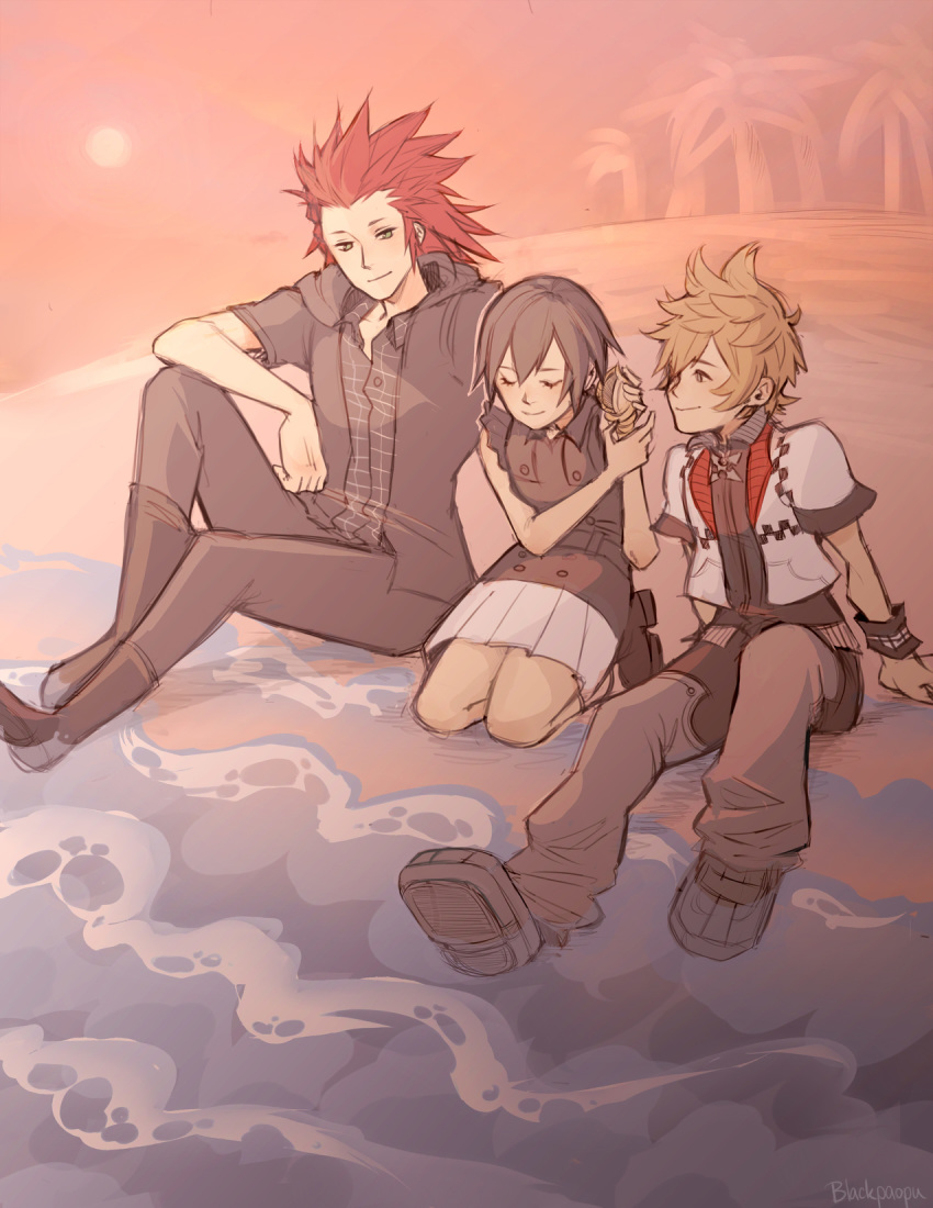 1girl 2boys axel_(kingdom_hearts) beach black_hair blackpaopu blonde_hair boots highres kingdom_hearts kingdom_hearts_iii multiple_boys palm_tree redhead roxas sand seashell shell sitting skirt smile spiky_hair sun sunset tree water white_skirt xion_(kingdom_hearts)