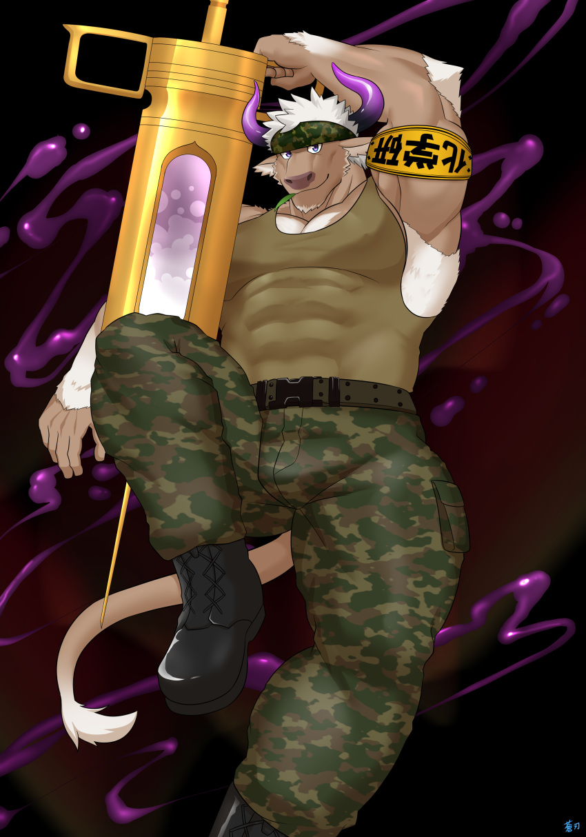 1boy abs absurdres arm_up armband bara beard boots chest chest_hair facial_hair full_body furry highres horns huge_weapon keijimohumohu male_focus manly muscle oversized_object pants pectorals purple_horns shennong_(tokyo_afterschool_summoners) solo syringe tank_top thick_thighs thighs tight tight_pants tokyo_houkago_summoners violet_eyes weapon white_hair