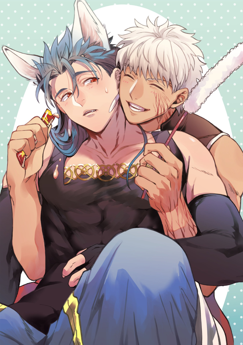 0343_u 2boys absurdres archer bara blue_hair cu_chulainn_(fate)_(all) cu_chulainn_(fate/grand_order) dark_skin dark_skinned_male earrings fate/stay_night fate_(series) highres hug hug_from_behind jewelry lancer long_hair male_focus multiple_boys muscle pectorals ponytail red_eyes smile white_hair yaoi