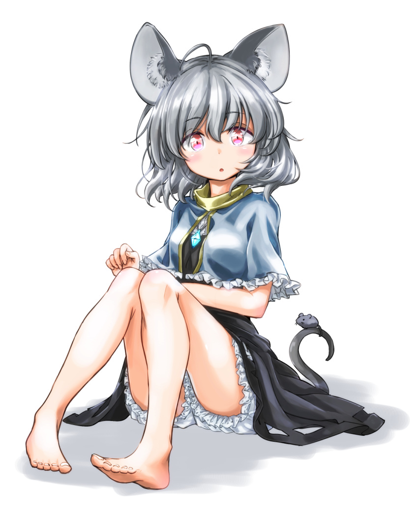 1girl :o ahoge animal animal_ear_fluff animal_ears bangs bare_legs barefoot black_dress bloomers blush capelet commentary_request dress eyebrows_visible_through_hair frilled_capelet frills full_body grey_capelet grey_hair hair_between_eyes highres jewelry knees_up looking_at_viewer mouse mouse_ears mouse_girl mouse_tail nazrin nibi parted_lips pendant red_eyes shadow solo tail touhou underwear white_background white_bloomers