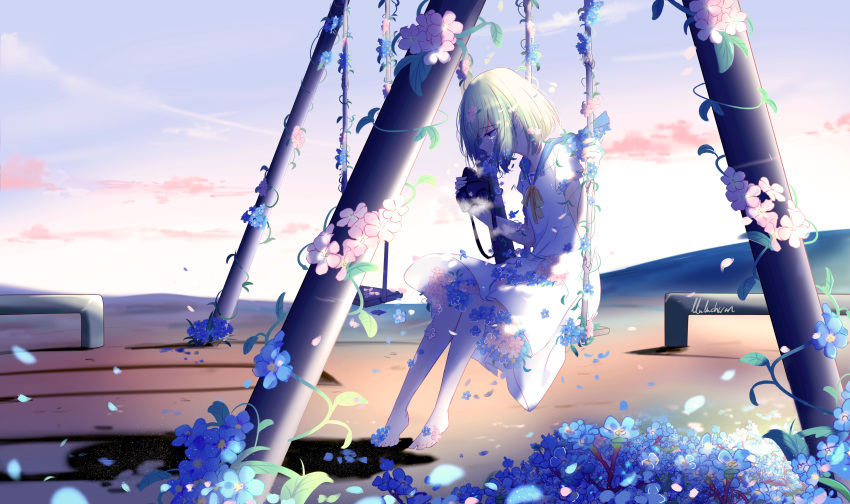 1girl absurdres barefoot bush camera character_request copyright_request dress fantasy feet flower hanging highres holding holding_camera looking_to_the_side rope scenery school_uniform solo swing swing_set tears white_dress white_hair yoru_itari