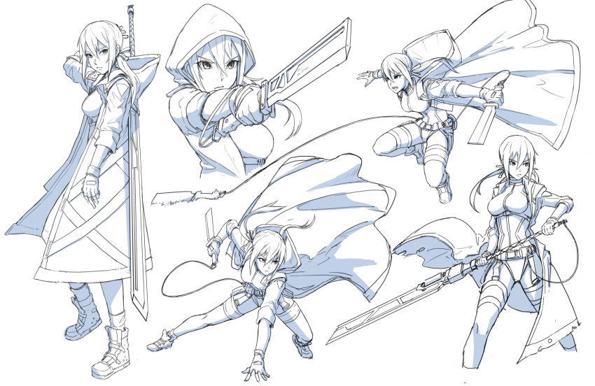 1girl absurdres action dynamic_pose floating_clothes highres holding holding_knife holding_sword holding_weapon knife long_hair monochrome multiple_views original sketch sword tied_hair weapon zen_(jirakun)