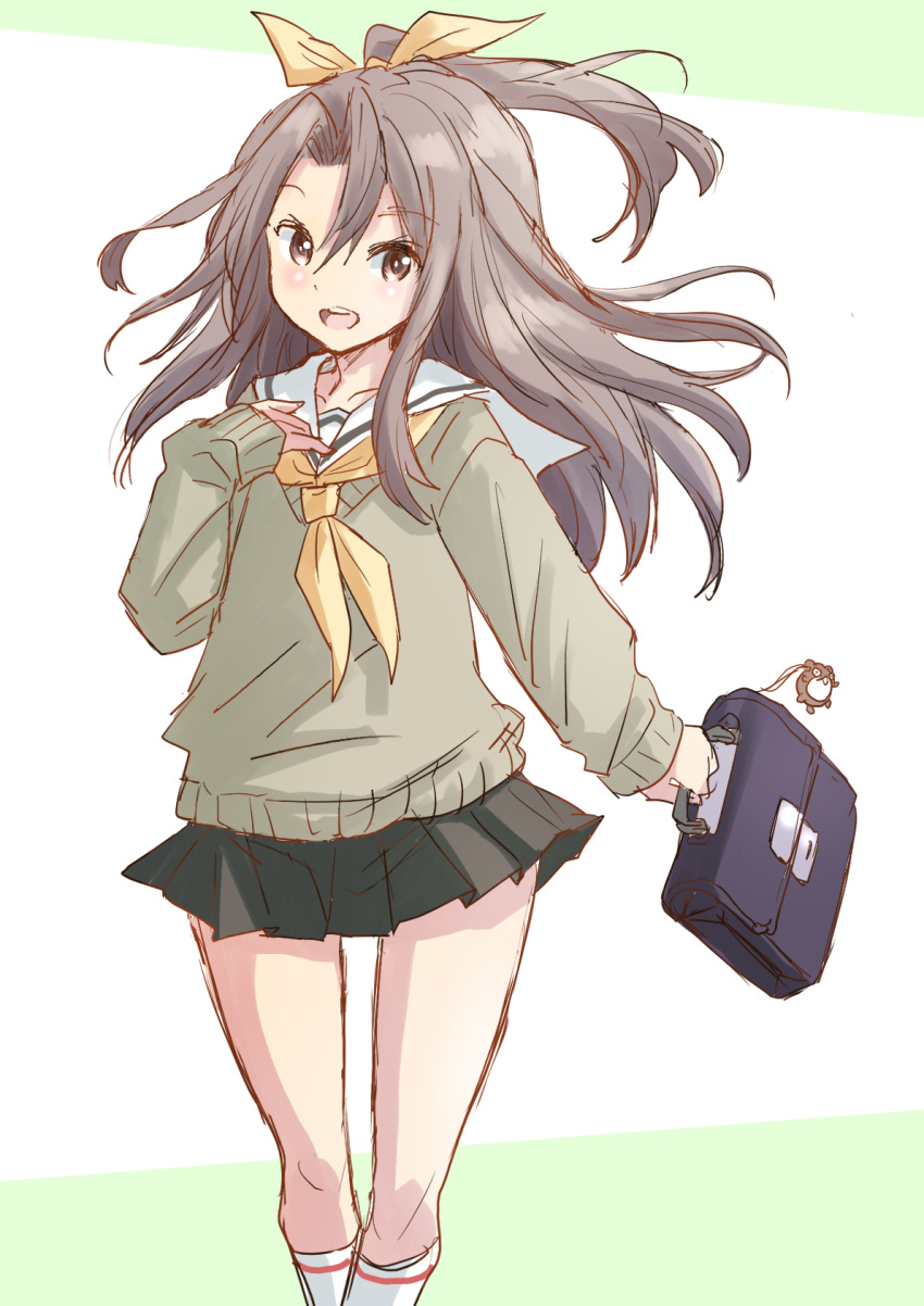 1girl alternate_costume bag beige_sweater bokukawauso brown_hair commentary_request cowboy_shot fuji_(pixiv24804665) grey_hair grey_skirt hair_ribbon hand_on_own_chest high_ponytail highres kantai_collection long_hair looking_at_viewer neckerchief pleated_skirt ribbon sailor_collar school_bag school_uniform serafuku skirt solo white_sailor_collar yellow_neckerchief zuihou_(kancolle)