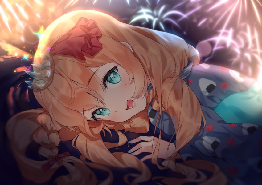 1girl :d aerial_fireworks blue_eyes blue_kimono blurry blurry_background blush bow braid brown_hair cheli_(kso1564) commentary_request depth_of_field fireworks hair_bow hair_ribbon highres japanese_clothes kimono long_hair looking_at_viewer night night_sky obi onigiri_print open_mouth pecorine princess_connect! princess_connect!_re:dive print_kimono red_bow red_ribbon ribbon sash sky smile solo tiara upper_body