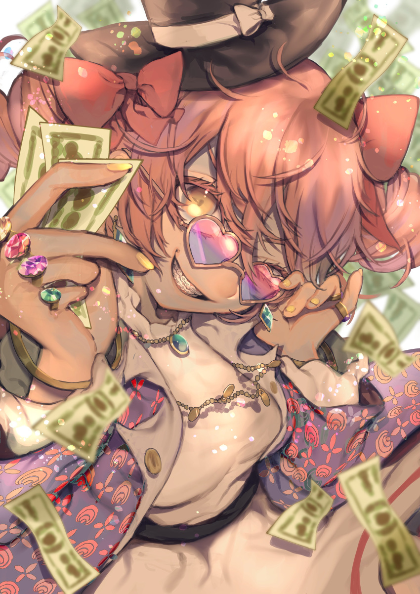 1girl absurdres bow braces coat dollar_bill dress drill_hair earrings eyewear_on_head floral_print glasses gold hat hat_bow heart heart-shaped_eyewear high_collar highres jewelry light_brown_hair mi_ri_000 money necklace open_mouth purple_coat ribbon ring round_eyewear smile sunglasses teeth top_hat touhou twin_drills white_dress yorigami_jo'on