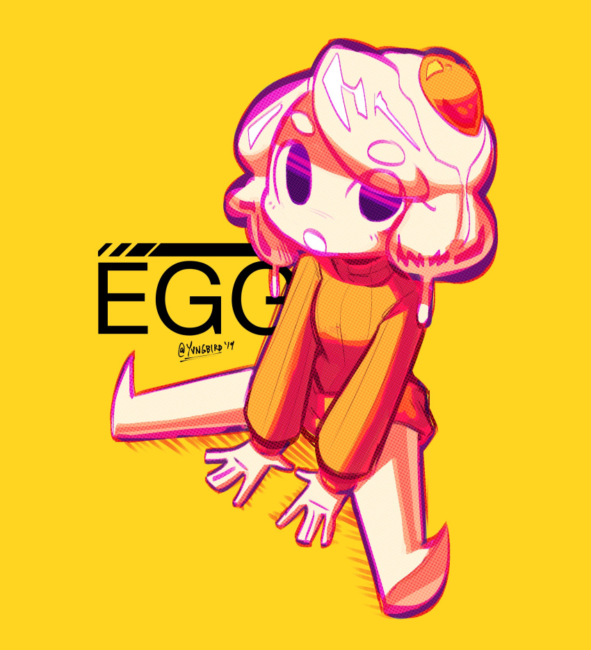 1girl absurdres bare_legs barefoot borrowed_character character_name dripping egg egg_(lemyawn) eyebrows_visible_through_hair full_body highres long_sleeves looking_at_viewer medium_hair open_mouth orange_sweater original simple_background sitting solo sunny_side_up_egg sweater twitter_username white_hair yellow_background yungbird