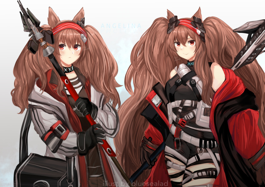 2girls absurdres angelina_(arknights) animal_ears arknights artist_name bangs bare_shoulders belt black_choker black_gloves blue_sela brown_hair character_name choker commentary dual_persona eyebrows_visible_through_hair fox_ears gloves hair_between_eyes hairband highres holding holding_staff jacket long_hair long_sleeves looking_at_viewer multiple_girls off_shoulder open_clothes open_jacket red_eyes red_hairband smile staff twintails very_long_hair white_belt white_jacket