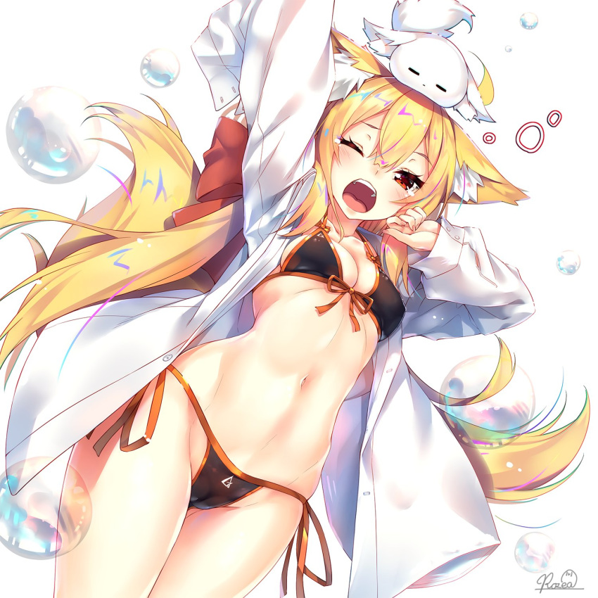 1girl animal_ears animal_on_head arm_up bangs blonde_hair blush bra breasts groin hand_up highres long_hair long_sleeves looking_at_viewer navel on_head one_eye_closed open_clothes open_mouth open_shirt original red_eyes rozea_(graphmelt) shirt sidelocks small_breasts solo stomach tail tears thighs underwear very_long_hair white_shirt yawning