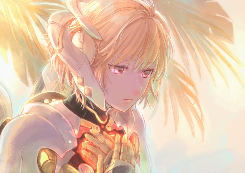 1girl blonde_hair cyborg fiorung fuwamoko_momen_toufu hands_on_own_chest highres joints looking_down palm_tree red_eyes robot_joints short_hair solo tree upper_body xenoblade_(series) xenoblade_1