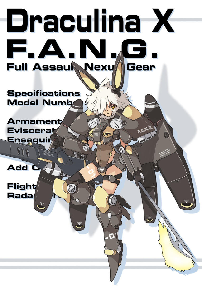 1girl :&lt; ahoge armor boots brown_footwear brown_leotard cannon character_name closed_mouth draculina_(vins-mousseux) energy_weapon english_commentary finger_on_trigger gun hair_over_one_eye high_heel_boots high_heels highres holding holding_gun holding_weapon jet_engine leotard looking_at_viewer mecha_musume mechanical_ears mechanical_wings one_eye_covered orange_eyes original pauldrons poleaxe short_hair shoulder_armor solo vins-mousseux weapon white_hair wings