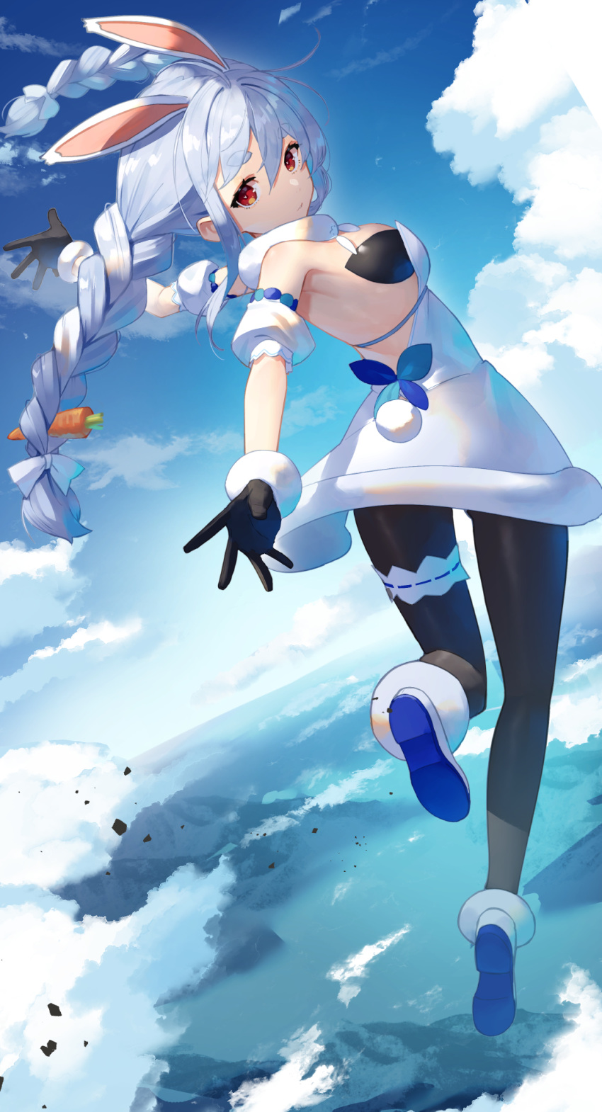 1girl animal_ears black_gloves black_pants blue_footwear blue_hair blue_sky braid breasts bunny_girl carrot_hair_ornament closed_mouth clouds eyebrows_visible_through_hair floating food_themed_hair_ornament gloves hair_ornament highres hololive lake long_hair looking_at_viewer mountain pants rabbit rabbit_ears scarf sky small_breasts solo sukocchi thick_eyebrows twin_braids usada_pekora virtual_youtuber water