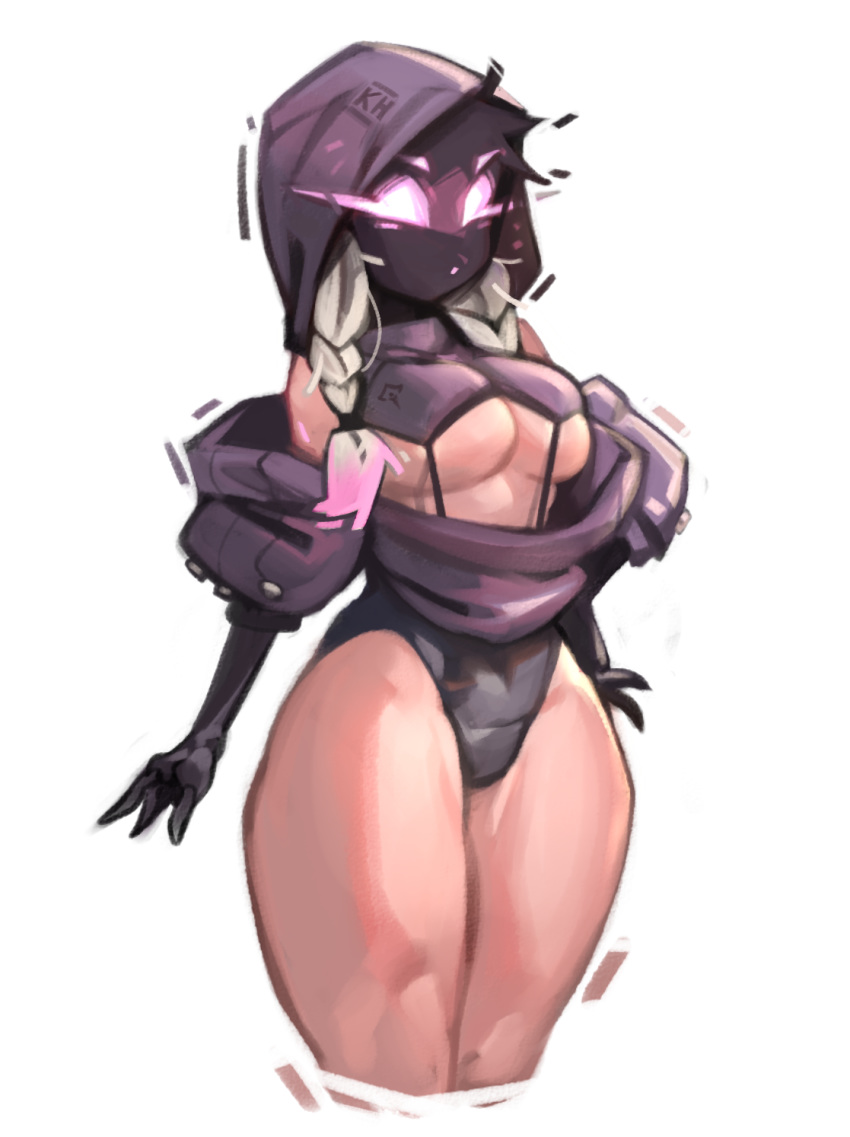 1girl black_hair black_leotard black_skin braid breasts center_opening cropped_legs elbow_gloves gloves glowing glowing_eyes grey_hair highres hood hood_up kelvin_hiu large_breasts legs_together leotard looking_at_viewer multicolored_hair no_mouth no_pupils off-shoulder_sweater off_shoulder original purple_sweater revealing_clothes solo standing suspenders sweater thick_thighs thighs twin_braids two-tone_hair under_boob violet_(kelvin_hiu) violet_eyes