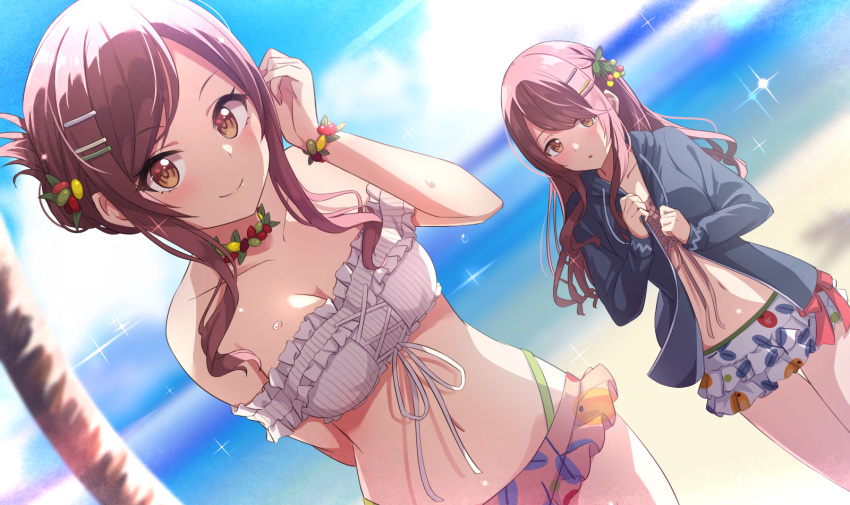 2girls alisia0812 alternate_hairstyle arm_behind_back bangs beach bikini bikini_skirt blue_sky blush bracelet breasts brown_eyes choker closed_mouth clouds cloudy_sky day eyebrows_visible_through_hair frilled_bikini frills front-tie_top hair_between_eyes hair_bun hair_ornament hairclip highres idolmaster idolmaster_shiny_colors jacket jewelry long_hair long_sleeves looking_at_viewer multiple_girls navel ocean oosaki_amana oosaki_tenka open_mouth outdoors palm_tree redhead siblings sisters sky smile standing summer swept_bangs swimsuit thong thong_bikini tree twins water