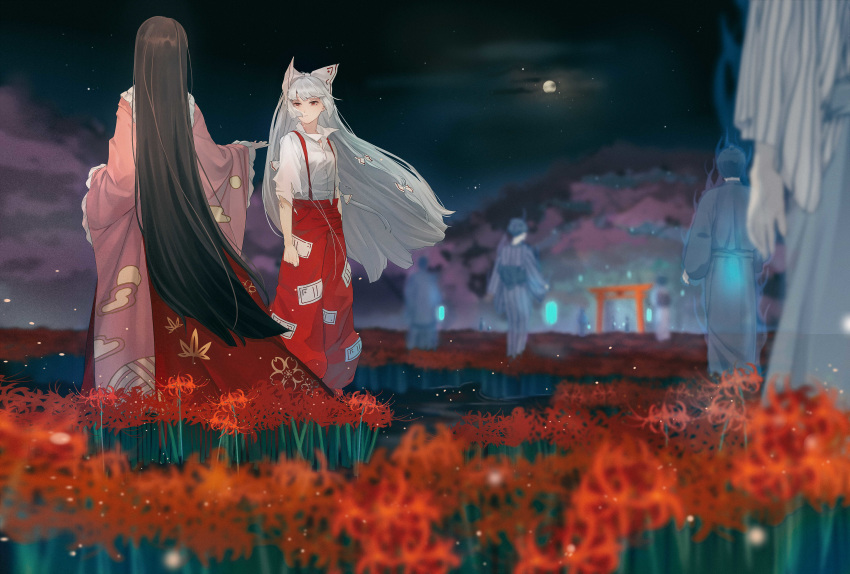 2girls absurdres baggy_pants bangs black_hair bow breasts buttons clenched_hand closed_mouth clouds cloudy_sky collared_shirt commentary crying crying_with_eyes_open egasumi field floral_print flower flower_field from_behind fujiwara_no_mokou full_body full_moon ghost hair_bow half-closed_eyes hand_up highres hime_cut houraisan_chouko houraisan_kaguya japanese_clothes leaf_print light_particles long_hair long_sleeves looking_at_another maple_leaf_print moon multiple_girls night outstretched_hand pants pink_shirt red_eyes red_pants red_skirt shirt sidelocks silver_hair skirt sky small_breasts spider_lily sun_print suspenders tears torn_clothes torn_sleeves touhou transparent very_long_hair white_bow white_hair white_shirt wide_shot wide_sleeves wing_collar