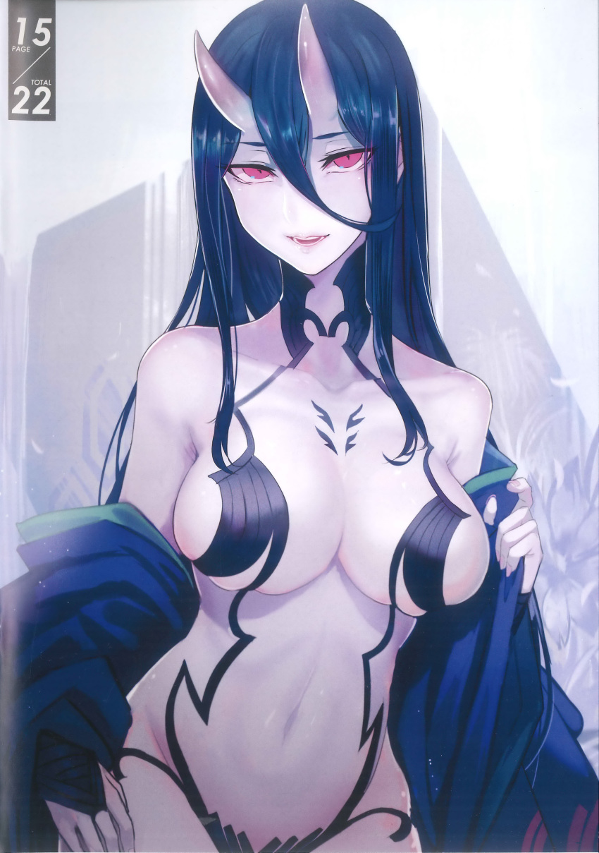 1girl absurdres bare_shoulders battleship_hime black_dress black_hair breasts cosplay cowboy_shot dress fate/grand_order fate_(series) glowing glowing_eyes hair_between_eyes highres horns kantai_collection large_breasts long_hair navel off_shoulder oni oni_horns pale_skin parted_lips red_eyes revealing_clothes scan shinkaisei-kan shuten_douji_(fate/grand_order) shuten_douji_(fate/grand_order)_(cosplay) skin-covered_horns smile stomach very_long_hair walzrj