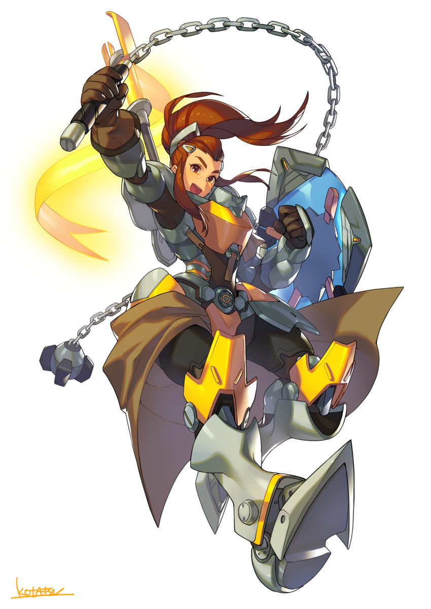 1girl :d arm_shield armor ball_and_chain boots breastplate brigitte_(overwatch) brown_eyes brown_gloves brown_hair clenched_hand floating_hair freckles full_body gauntlets gloves hair_pulled_back highres holding holding_weapon kotatsu_(g-rough) looking_at_viewer open_mouth overwatch ponytail shield signature simple_background smile solo waist_cape weapon white_background