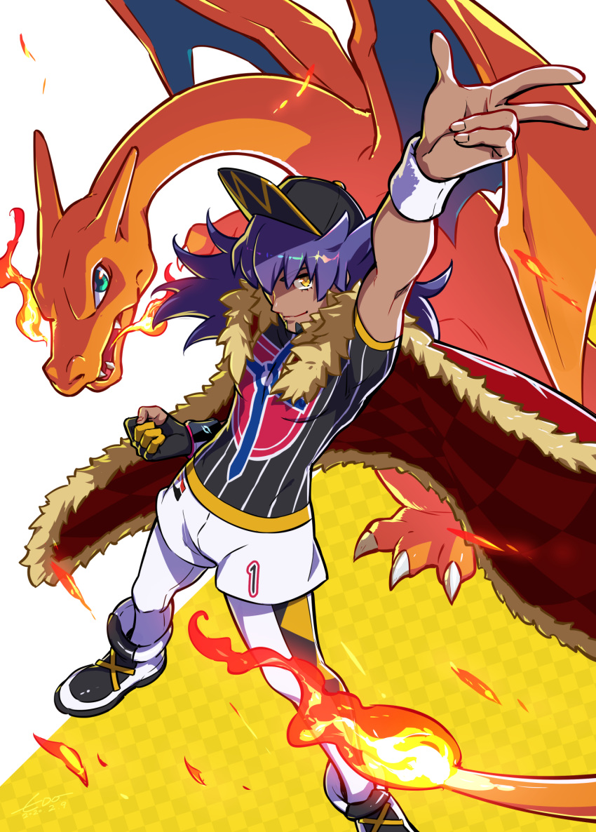 1boy arm_up baseball_cap black_headwear cape charizard clenched_hand closed_mouth commentary_request dark_skin dark_skinned_male dynamax_band facial_hair fur-trimmed_cape fur_trim gen_1_pokemon gloves hat highres leon_(pokemon) long_hair looking_at_viewer looking_up pokemon pokemon_(creature) pokemon_(game) pokemon_swsh pose purple_hair shirt short_sleeves shorts single_glove smile w wedo yellow_eyes