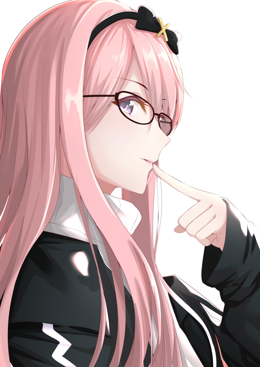 1boy absurdres bangs bespectacled black_jacket borumete check_commentary closed_mouth commentary commentary_request eyebrows_visible_through_hair finger_to_mouth from_side glasses hairband highres holostars jacket long_hair male_focus otoko_no_ko pink_hair simple_background sleeves_past_wrists solo tsukishita_kaoru turtleneck upper_body violet_eyes virtual_youtuber white_background