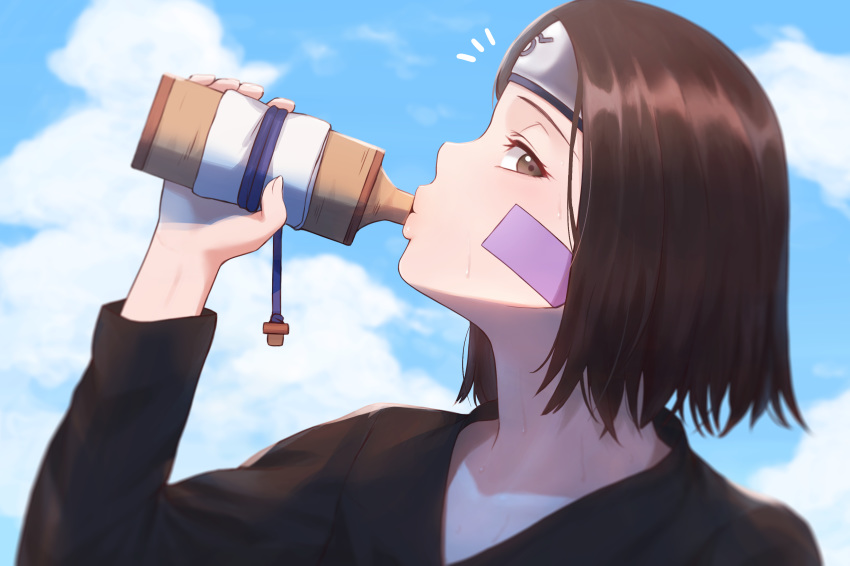 1girl absurdres bangs blue_sky blurry brown_eyes brown_hair clouds cloudy_sky collarbone commentary_request day drinking facing_to_the_side flying_sweatdrops forehead_protector from_side hand_up highres holding long_sleeves looking_at_viewer miru_(wvjc7832) naruto naruto_(series) nohara_rin parted_bangs short_hair sky solo upper_body