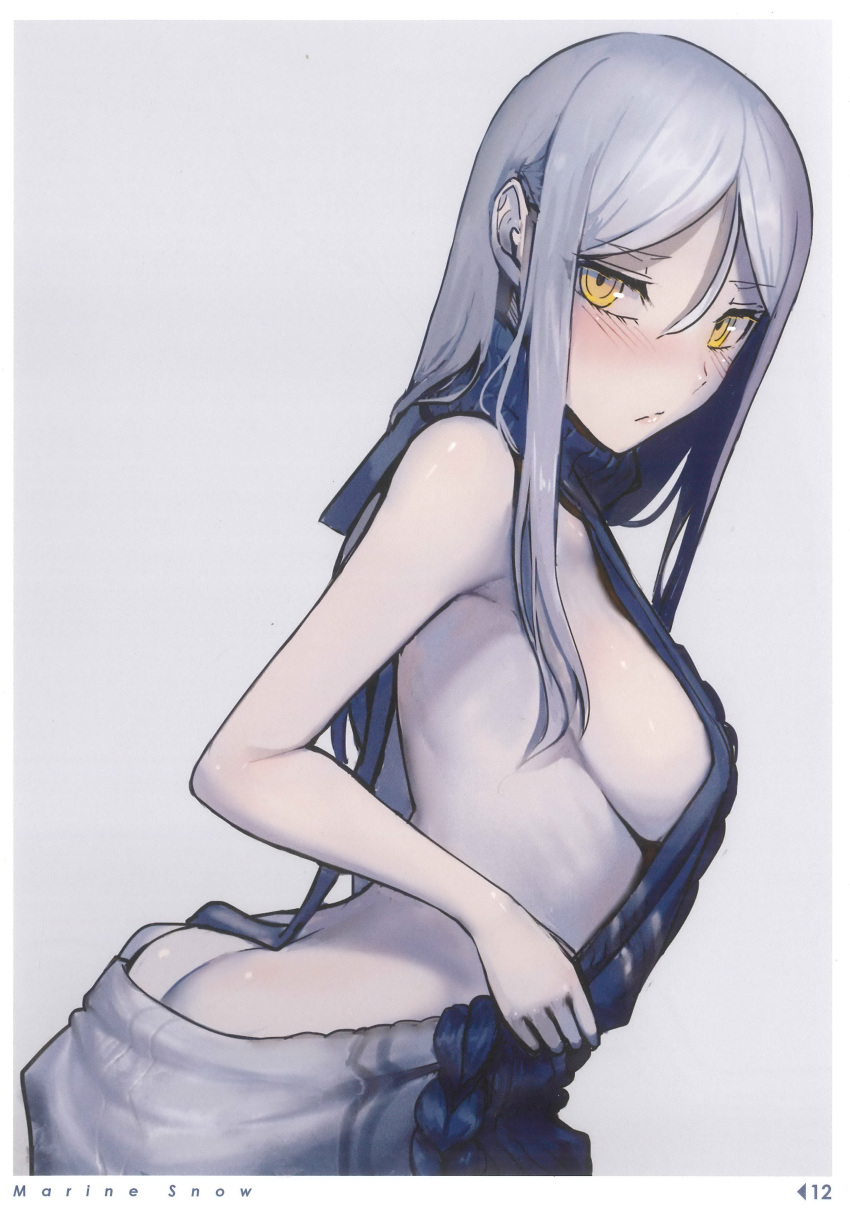 1girl absurdres ass backless_outfit bare_arms blush breasts collar from_side hair_between_eyes highres kantai_collection large_breasts long_hair looking_at_viewer meme_attire no_bra no_panties scan shinkaisei-kan shiny shiny_skin sideboob sidelocks sleeveless solo sweatdrop sweater ta-class_battleship virgin_killer_sweater walzrj white_background white_hair yellow_eyes