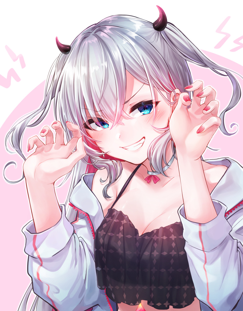 1girl acchun avatar_2.0_project bangs blue_eyes blush breasts choker claw_pose crop_top hair_between_eyes hands_up highres horns jacket long_hair looking_at_viewer medium_breasts multicolored_hair musubime_yui nail_polish off_shoulder pink_hair silver_hair smile solo two-tone_hair two_side_up virtual_youtuber