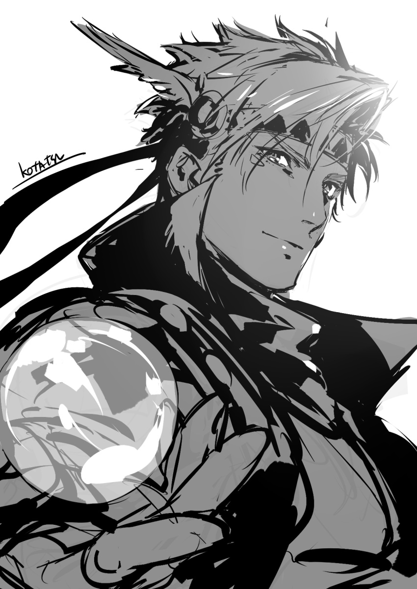 1boy battle_tendency bubble caesar_anthonio_zeppeli closed_mouth greyscale hair_ornament hand_up headband highres jojo_no_kimyou_na_bouken kotatsu_(g-rough) looking_at_viewer male_focus monochrome signature simple_background sketch smile solo upper_body white_background