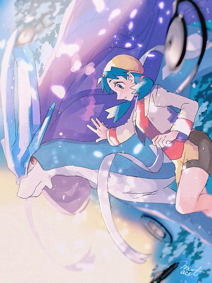 1girl 1other bike_shorts blue_eyes blue_hair blurry clenched_hand commentary creatures_(company) cropped_jacket crystal_(pokemon) game_freak gen_2_pokemon hair_tie highres jacket legendary_pokemon long_hair long_sleeves mu_acrt nintendo parted_lips pokemon pokemon_(creature) pokemon_(game) pokemon_gsc signature suicune tied_hair twintails unown white_jacket yellow_headwear