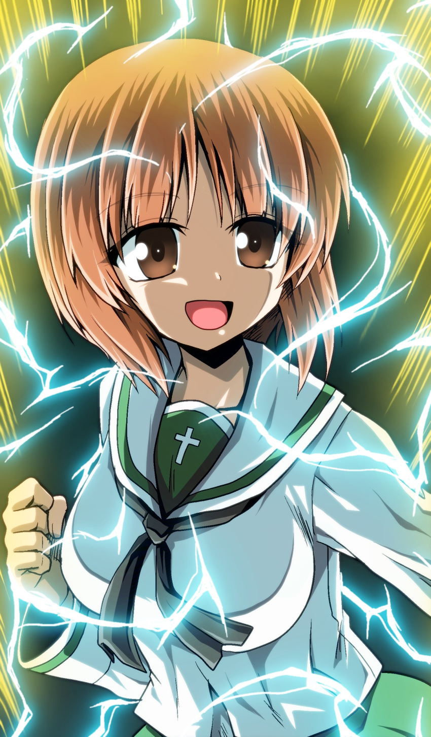 1girl absurdres aura bangs black_neckwear blouse brown_eyes brown_hair clenched_hand commentary dragon_ball dragon_ball_z electricity eyebrows_visible_through_hair girls_und_panzer green_skirt highres kamishima_kanon long_sleeves looking_to_the_side neckerchief nishizumi_miho ooarai_school_uniform open_mouth pleated_skirt sailor_collar school_uniform serafuku short_hair skirt smile solo standing super_saiyan super_saiyan_2 upper_body white_blouse white_sailor_collar
