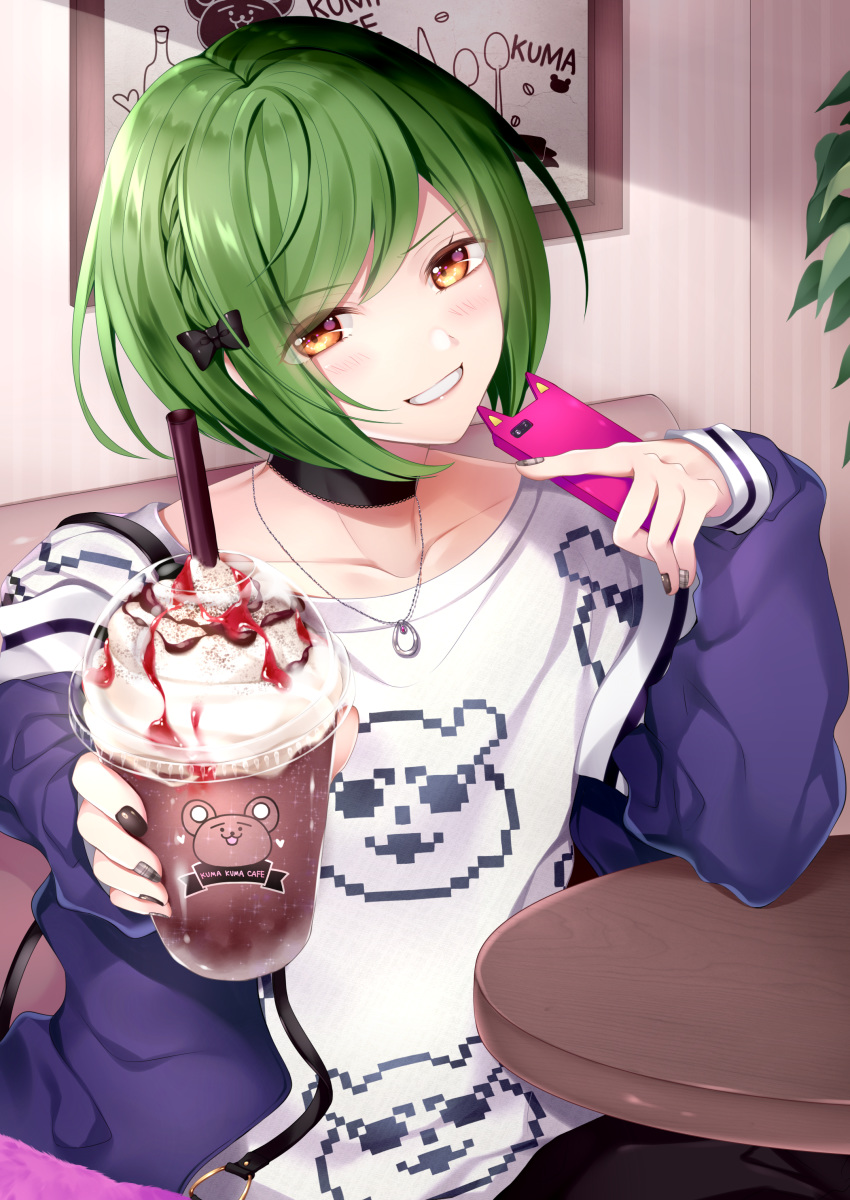 1boy a3! absurdres black_bow black_nails bow brown_eyes choker coffee collarbone cup dopikasu-chan drinking_straw eyebrows_visible_through_hair green_hair grin hair_bow highres holding holding_cup holding_phone jewelry looking_at_viewer necklace off-shoulder_jacket phone smile solo