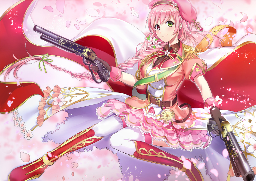 1girl absurdres belt beret black_gloves boots bow bowtie braid buffalo_(user_drxj4242) cape cherry_blossoms closed_mouth dual_wielding epaulettes flower_knight_girl full_body gloves green_eyes gun hat heterochromia highres holding knee_boots long_hair looking_at_viewer object_namesake petals pink_background pink_hair pink_headwear pink_skirt pink_theme red_bow red_eyes red_footwear sakura_(flower_knight_girl) skirt smile solo thigh-highs weapon white_legwear
